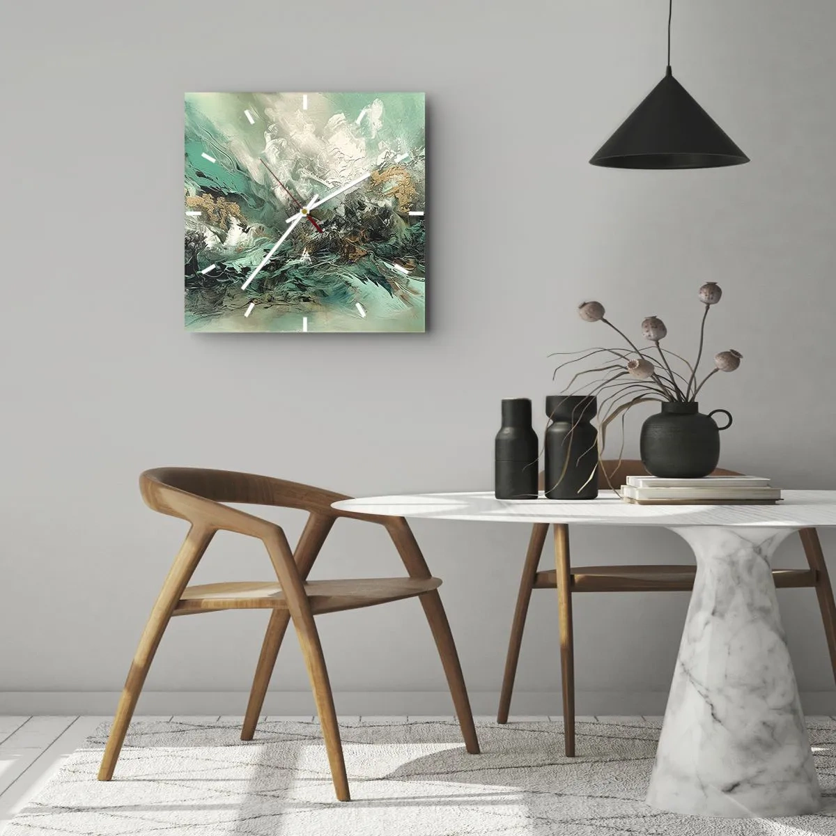 Orologio da parete - Orologio in Vetro - Paesaggio astratto nei toni del verde e dell'oro - 30x30cm - Frangente nero e smeraldo - Decorazione murale moderna per soggiorno e camera da letto ARTTOR