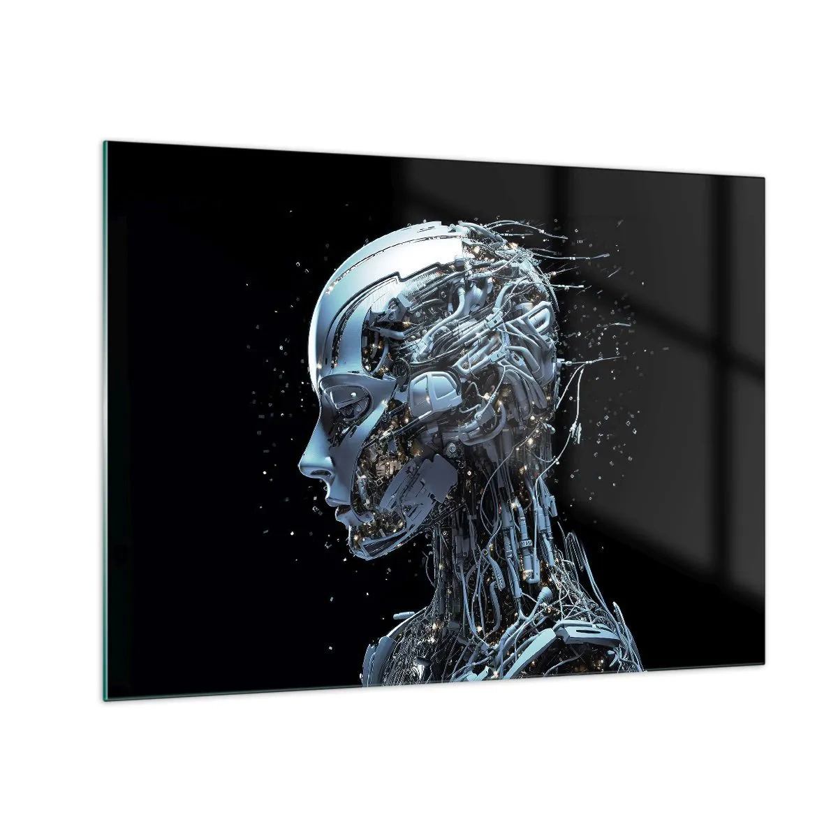 Quadro su vetro - Profilo di un robot femmina con fili e meccanismi - 70x50cm - La tecnologia è donna - Decorazione murale moderna per soggiorno e camera da letto ARTTOR