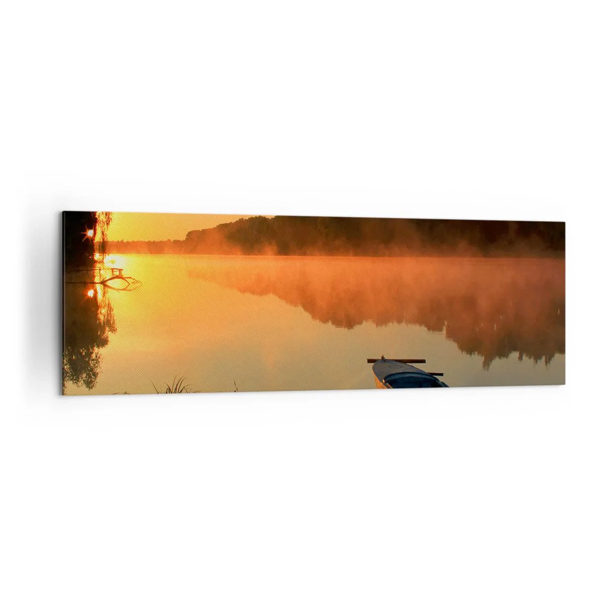 Quadro su tela - Stampe su Tela - Nebbia mattutina sul fiume con una barca sotto i raggi del sole - 160x50cm - Alba sull'acqua, come uno specchio - Decorazione murale moderna per soggiorno e camera da letto ARTTOR