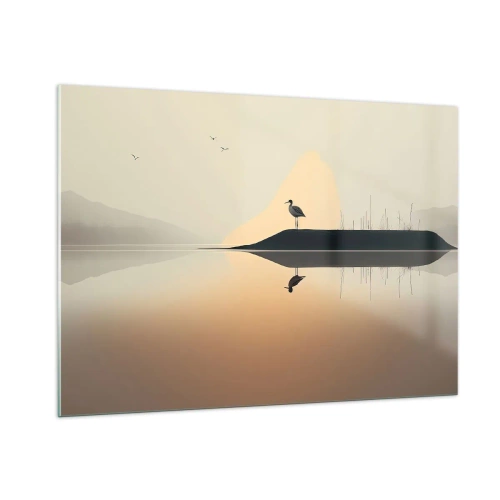 Quadro su vetro - Un airone in piedi su un'isola nelle acque calme di un lago - 100x70cm - Il signore del lago - Decorazione murale moderna per soggiorno e camera da letto ARTTOR