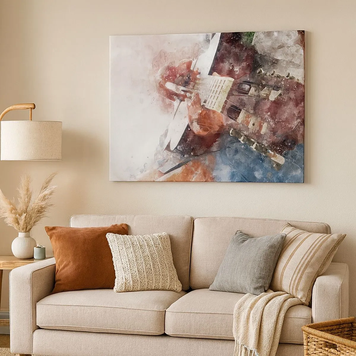 Quadro su tela - Stampe su Tela - Un'interpretazione artistica di una chitarra in stile acquerello - 70x50cm - E tu che ne pensi? - Decorazione murale moderna per soggiorno e camera da letto ARTTOR