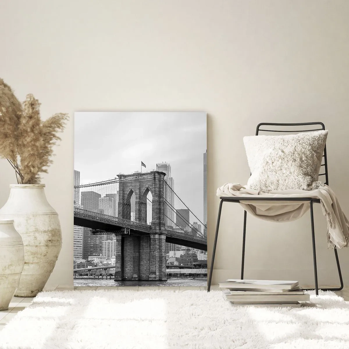 Quadro su vetro - Foto in bianco e nero di un ponte e di un paesaggio urbano - 50x70cm - Atmosfera di New York - Decorazione murale moderna per soggiorno e camera da letto ARTTOR