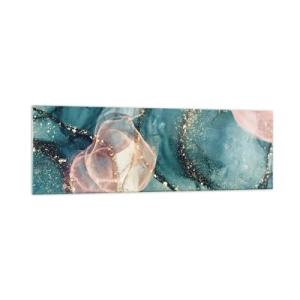 Quadro su vetro - Una composizione astratta nei toni del turchese e dell'oro. - 160x50cm - Blu di seta, rosa di tulle - Decorazione murale moderna per soggiorno e camera da letto ARTTOR