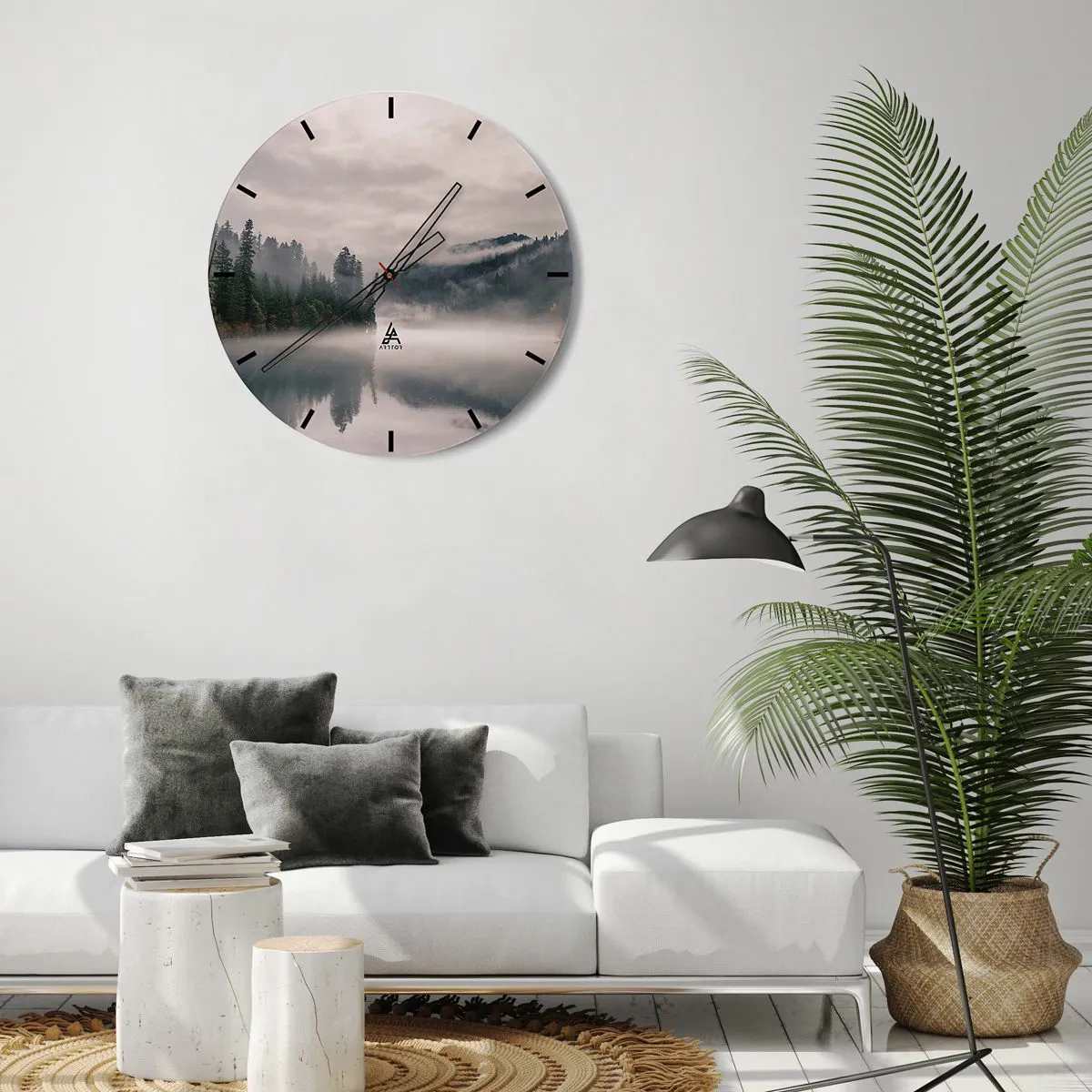 Orologio da parete - Orologio in Vetro - Foresta nebbiosa sopra un lago calmo al mattino - 30x30cm - Riflettendo nella nebbia - Decorazione murale moderna per soggiorno, cucina e camera da letto ARTTOR
