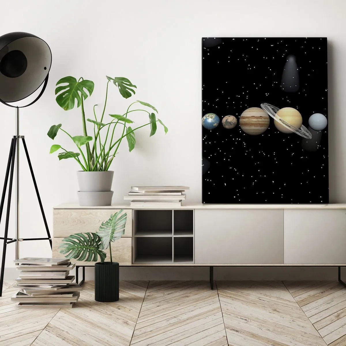 Quadro su tela - Stampe su Tela - Il sistema solare con i pianeti sullo sfondo delle stelle nello spazio - 70x100cm - E i pianeti folleggiano... - Decorazione murale moderna per soggiorno e camera da letto ARTTOR
