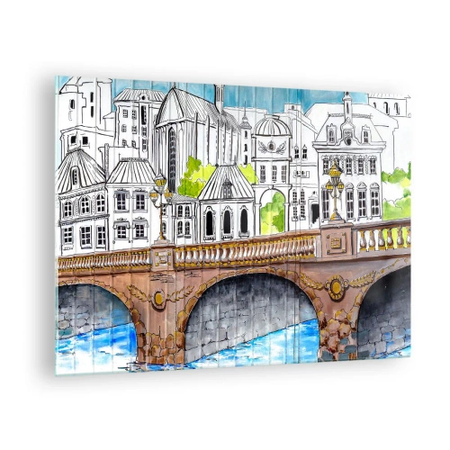 Quadro su vetro - Il ponte e l'architettura urbana sotto forma di schizzo ad acquerello - 70x50cm - Una città come dipinta - Decorazione murale moderna per soggiorno e camera da letto ARTTOR