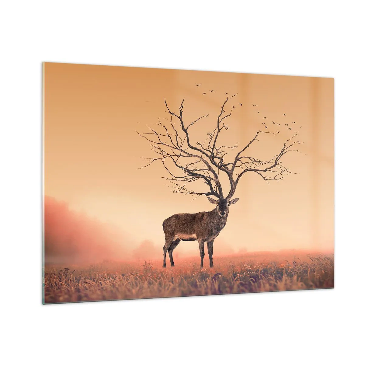 Quadro su vetro - Illustrazione di un cervo con un albero come corna - 100x70cm - L'Antico Cervo, eterno spirito del bosco - Decorazione murale moderna per soggiorno e camera da letto ARTTOR