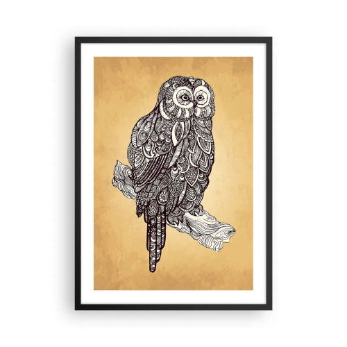 Poster in cornice nera - Un gufo stilizzato con motivo ornamentale su sfondo beige. - 50x70cm - Delicati ghirigori di saggezza - Decorazione murale moderna per soggiorno e camera da letto ARTTOR