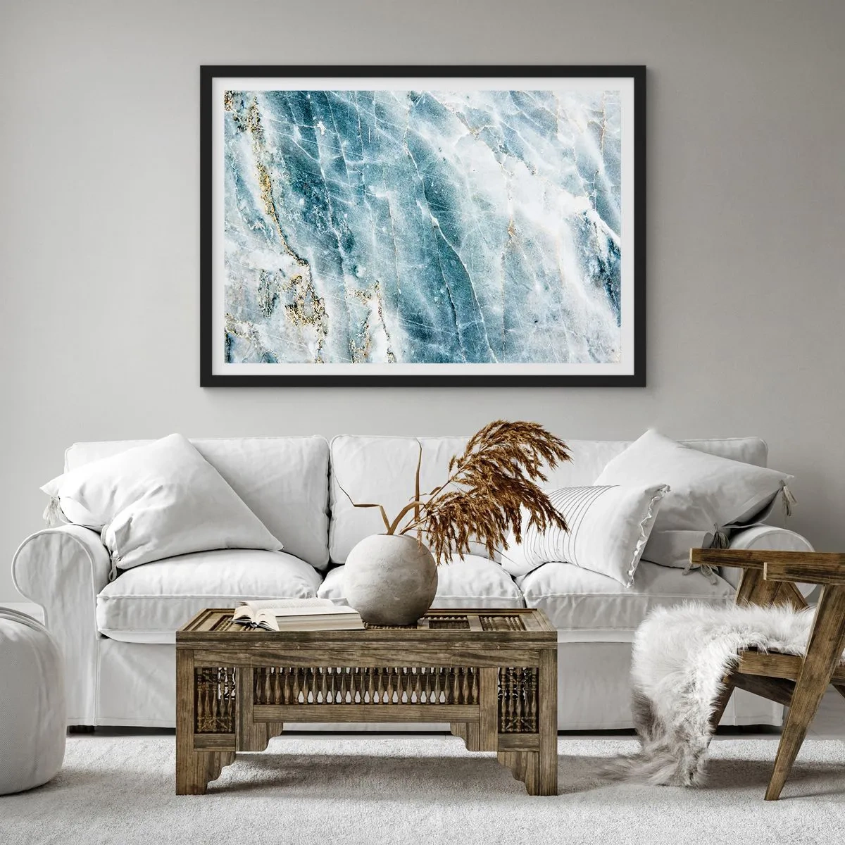 Poster in cornice nera - Texture marmorea nei toni del blu e del bianco - 70x50cm - Mondo di ghiaccio - Decorazione murale moderna per soggiorno e camera da letto ARTTOR