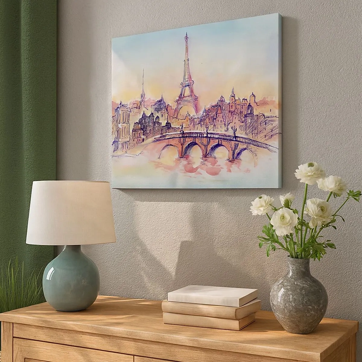 Quadro su tela - Stampe su Tela - Panorama acquerello di Parigi con la Torre Eiffel al tramonto - 70x50cm - L'unica città così al mondo - Decorazione murale moderna per soggiorno e camera da letto ARTTOR