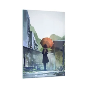 Quadro su vetro - Una figura con un ombrello in una città piovosa - 70x100cm - Pioggia vivificante - Decorazione murale moderna per soggiorno e camera da letto ARTTOR