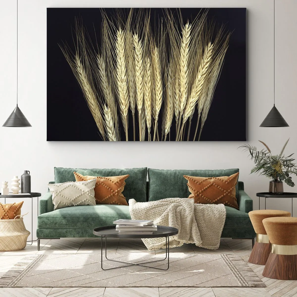 Quadro su tela - Stampe su Tela - Spighe di grano su sfondo nero in stile rustico - 70x50cm - Magia rustica - Decorazione murale moderna per soggiorno e camera da letto ARTTOR