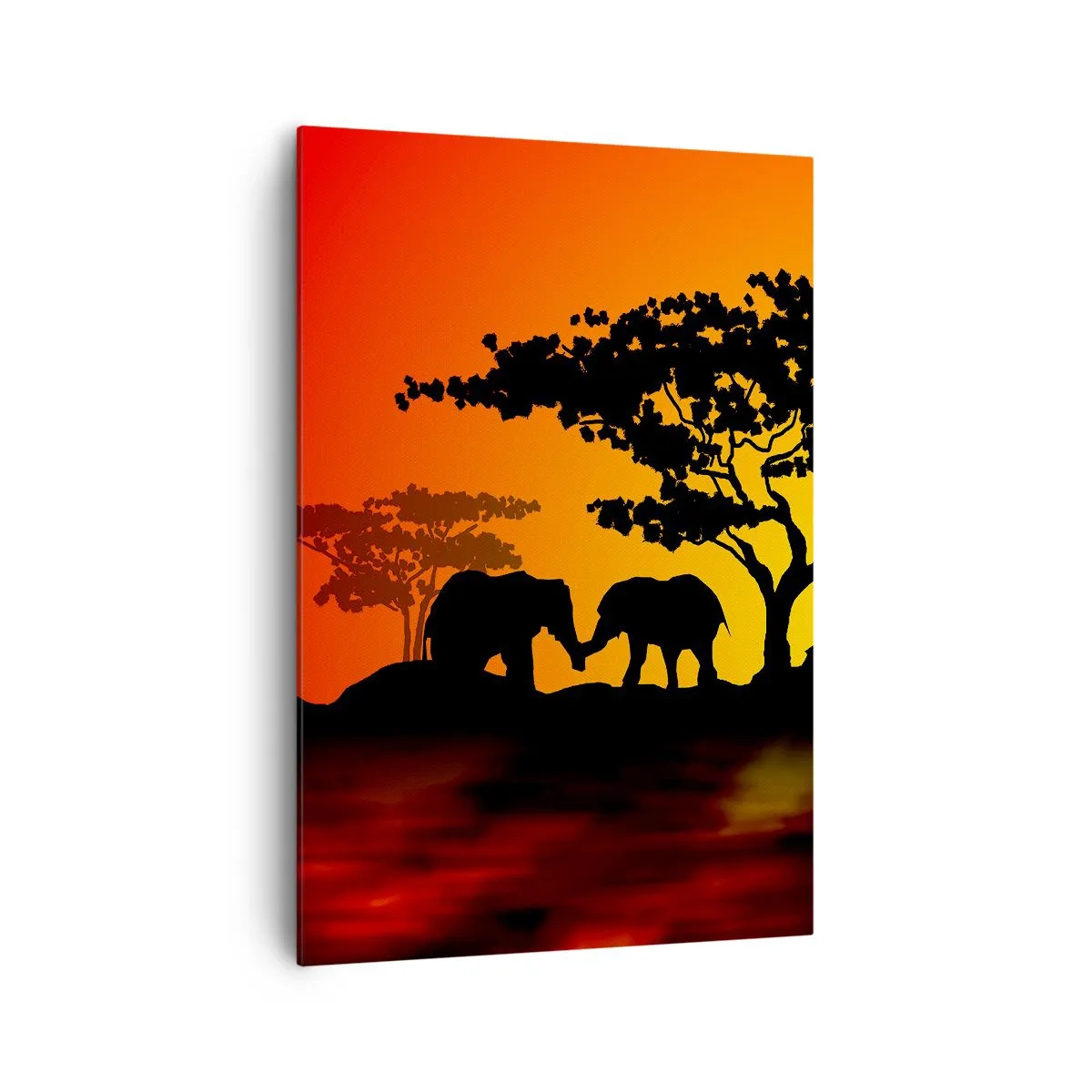 Quadro su tela - Stampe su Tela - Tramonto africano con sagome di elefanti e giraffe sull'acqua - 70x100cm - Incontro nella savana - Decorazione murale moderna per soggiorno e camera da letto ARTTOR