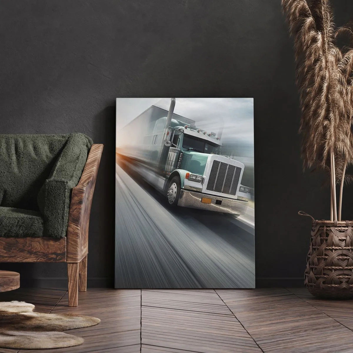 Quadro su tela - Stampe su Tela - Un camion in autostrada in movimento al tramonto - 70x100cm - Gigante americano in corsa - Decorazione murale moderna per soggiorno e camera da letto ARTTOR