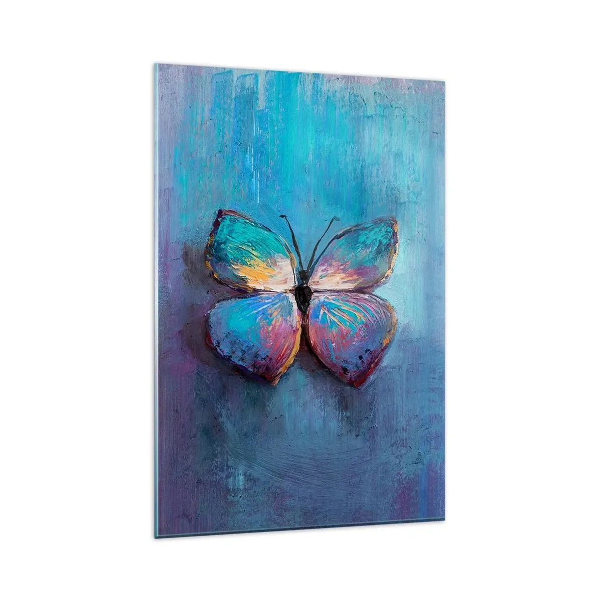 Quadro su vetro - Farfalla colorata su sfondo blu - 80x120cm - In tutta la bellezza - Decorazione murale moderna per soggiorno e camera da letto ARTTOR
