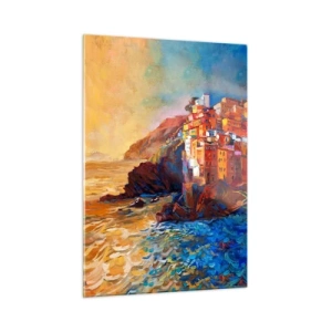 Quadro su vetro - Una città colorata su una scogliera a picco sul mare - 50x70cm - Atmosfera italiana - Decorazione murale moderna per soggiorno e camera da letto ARTTOR