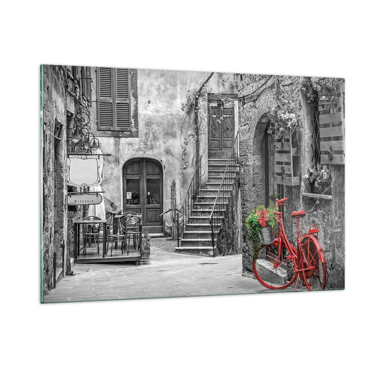 Quadro su vetro - Strada bianca e nera con una bicicletta rossa - 120x80cm - Angolo toscano - Decorazione murale moderna per soggiorno e camera da letto ARTTOR