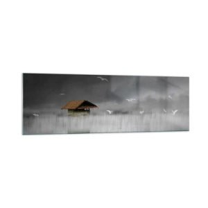 Quadro su vetro - Un cottage solitario sull'acqua circondato da nebbia e uccelli - 160x50cm - Riparo dalla pioggia - Decorazione murale moderna per soggiorno e camera da letto ARTTOR