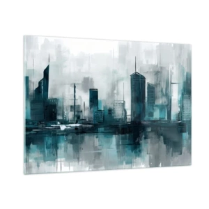 Quadro su vetro - Una città moderna nei toni del blu e del grigio - 100x70cm - La città al colore della pioggia - Decorazione murale moderna per soggiorno e camera da letto ARTTOR