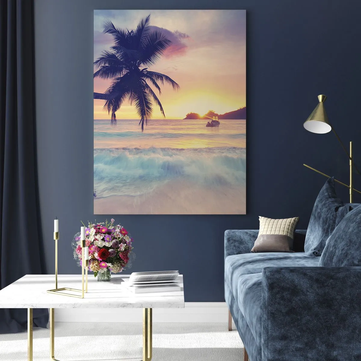 Quadro su vetro - Spiaggia con una palma e un tramonto sull'oceano - 70x100cm - Sera nell'insenatura - Decorazione murale moderna per soggiorno e camera da letto ARTTOR
