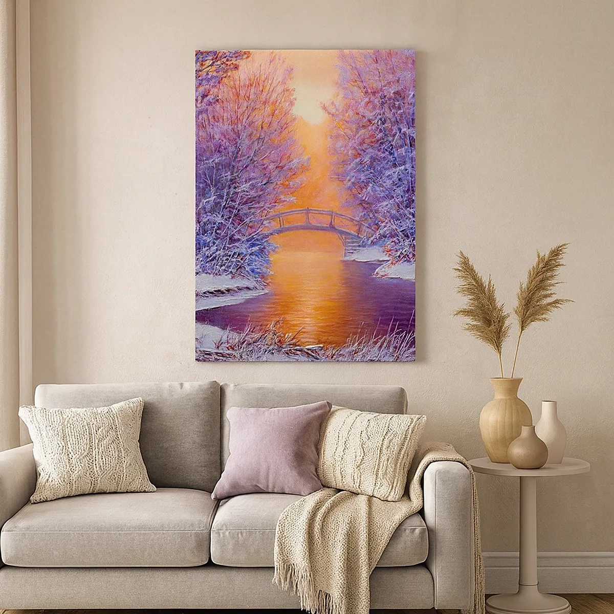 Quadro su tela - Stampe su Tela - Paesaggio invernale con ponte e tramonto - 50x70cm - Incontriamoci qui - Decorazione murale moderna per soggiorno e camera da letto ARTTOR
