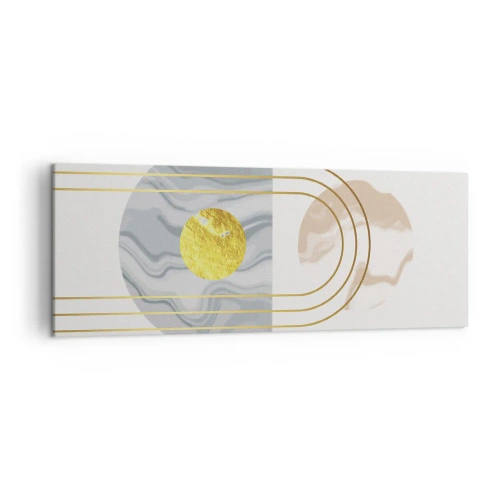 Quadro su tela - Stampe su Tela - Composizione astratta con cerchi e linee dorate su uno sfondo chiaro. - 140x50cm - Chiarezza e lucentezza - Decorazione murale moderna per soggiorno e camera da letto ARTTOR