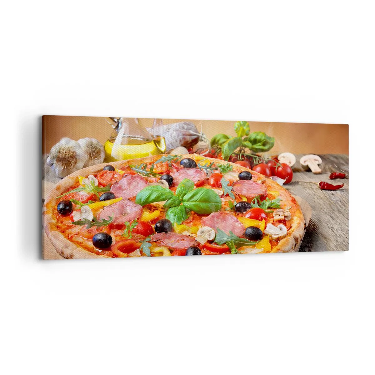 Quadro su tela - Stampe su Tela - Pizza appetitosa su un tavolo di legno con condimenti - 120x50cm - Con gusto veramente italiano - Decorazione murale moderna per soggiorno e camera da letto ARTTOR