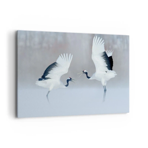 Quadro su tela - Stampe su Tela - Due gru che danzano in un paesaggio nebbioso - 100x70cm - Danza nella nebbia - Decorazione murale moderna per soggiorno e camera da letto ARTTOR