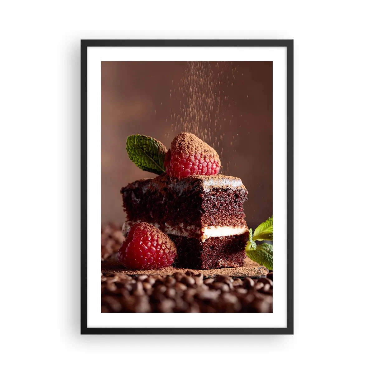 Poster in cornice nera - Torta al cioccolato con lamponi e granella di cacao - 50x70cm - La vita è dolce - Decorazione murale moderna per soggiorno e camera da letto ARTTOR