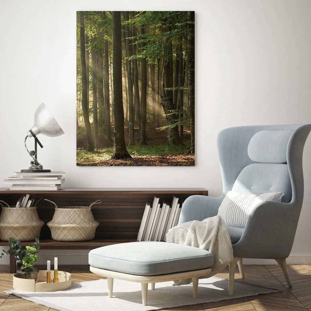 Quadro su vetro - Raggi di sole che penetrano attraverso gli alberi nella foresta - 70x100cm - Raggiante in un mattino di primavera - Decorazione murale moderna per soggiorno e camera da letto ARTTOR