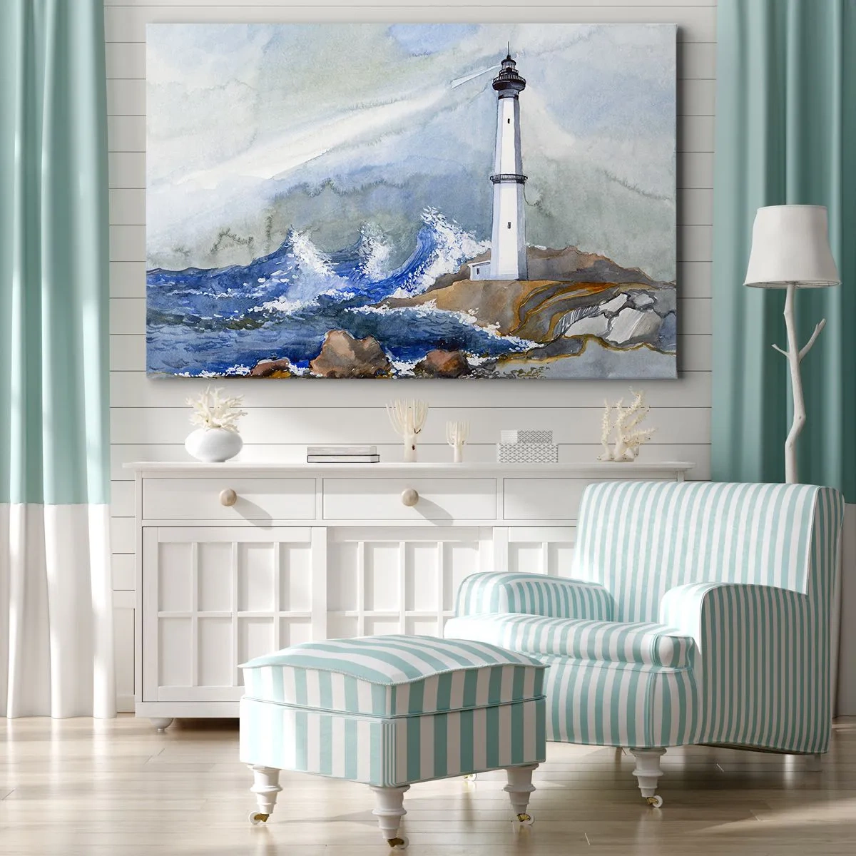 Quadro su tela - Stampe su Tela - Un faro su una costa rocciosa con mare agitato - 70x50cm - Contro il buio e le burrasche - Decorazione murale moderna per soggiorno e camera da letto ARTTOR