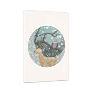 Quadro su vetro - Un cervo e un gufo in un paesaggio notturno da favola - 70x100cm - Notte fiabesca nel bosco - Decorazione murale moderna per soggiorno e camera da letto ARTTOR