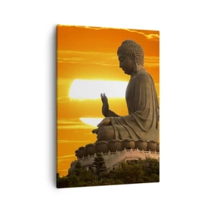 Quadro su tela - Stampe su Tela - Una statua buddista sullo sfondo di un tramonto arancione - 50x70cm - Senza paura davanti al mondo - Decorazione murale moderna per soggiorno e camera da letto ARTTOR