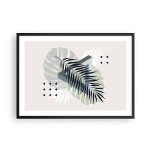 Poster in cornice nera - Composizione geometrica con foglie tropicali nei toni del verde - 70x50cm - Natura e geometria: due ordini? - Decorazione murale moderna per soggiorno e camera da letto ARTTOR