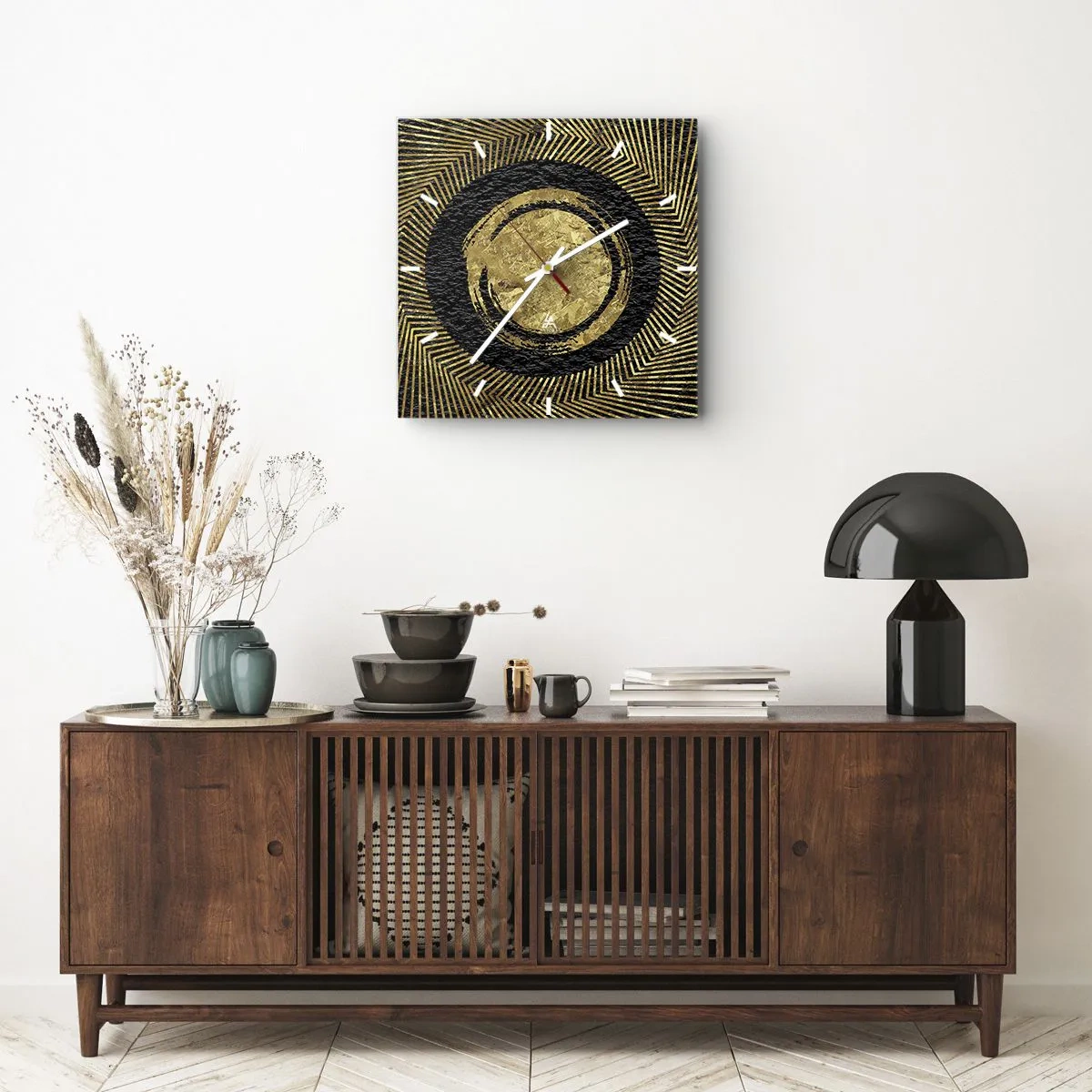Orologio da parete - Orologio in Vetro - Composizione geometrica in nero e oro con raggi - 30x30cm - Composizione glamour - Decorazione murale moderna per soggiorno e camera da letto ARTTOR