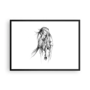Poster in cornice nera - Schizzo in bianco e nero di un cavallo al galoppo - 70x50cm - Trotto aggraziato - Decorazione murale moderna per soggiorno e camera da letto ARTTOR