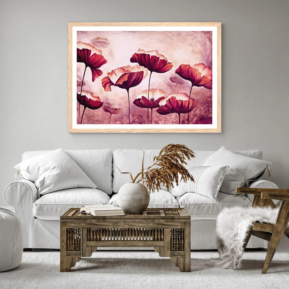 Poster in cornice rovere chiaro - Petalo rosso e bianco - 100x70 cm