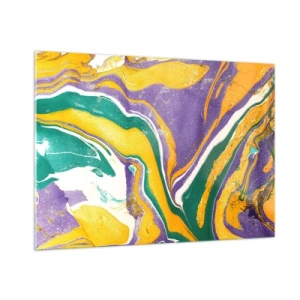 Quadro su vetro - Motivo ondulato astratto in giallo, viola e verde - 100x70cm - Onde di colore - Decorazione murale moderna per soggiorno e camera da letto ARTTOR