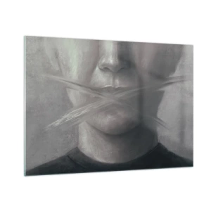 Quadro su vetro - Ritratto di una persona con le labbra macchiate in tonalità di grigio - 100x70cm - Neanche una parola - Decorazione murale moderna per soggiorno e camera da letto ARTTOR