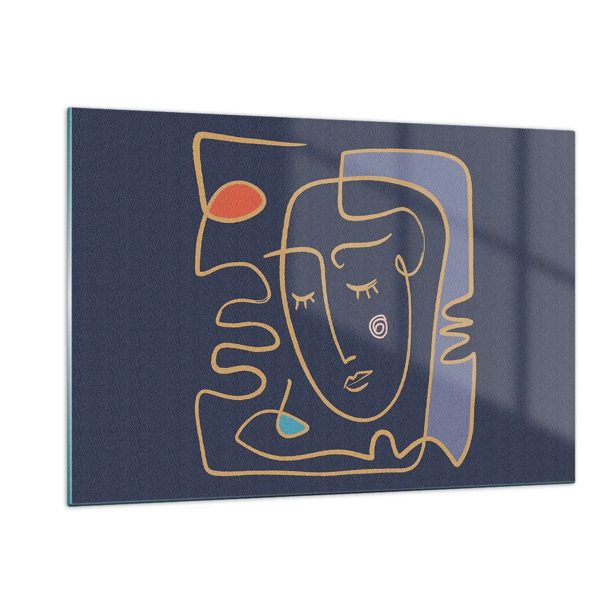 Quadro su vetro - Volto astratto in contorno su sfondo blu navy - 120x80cm - Pensierosa - Decorazione murale moderna per soggiorno e camera da letto ARTTOR