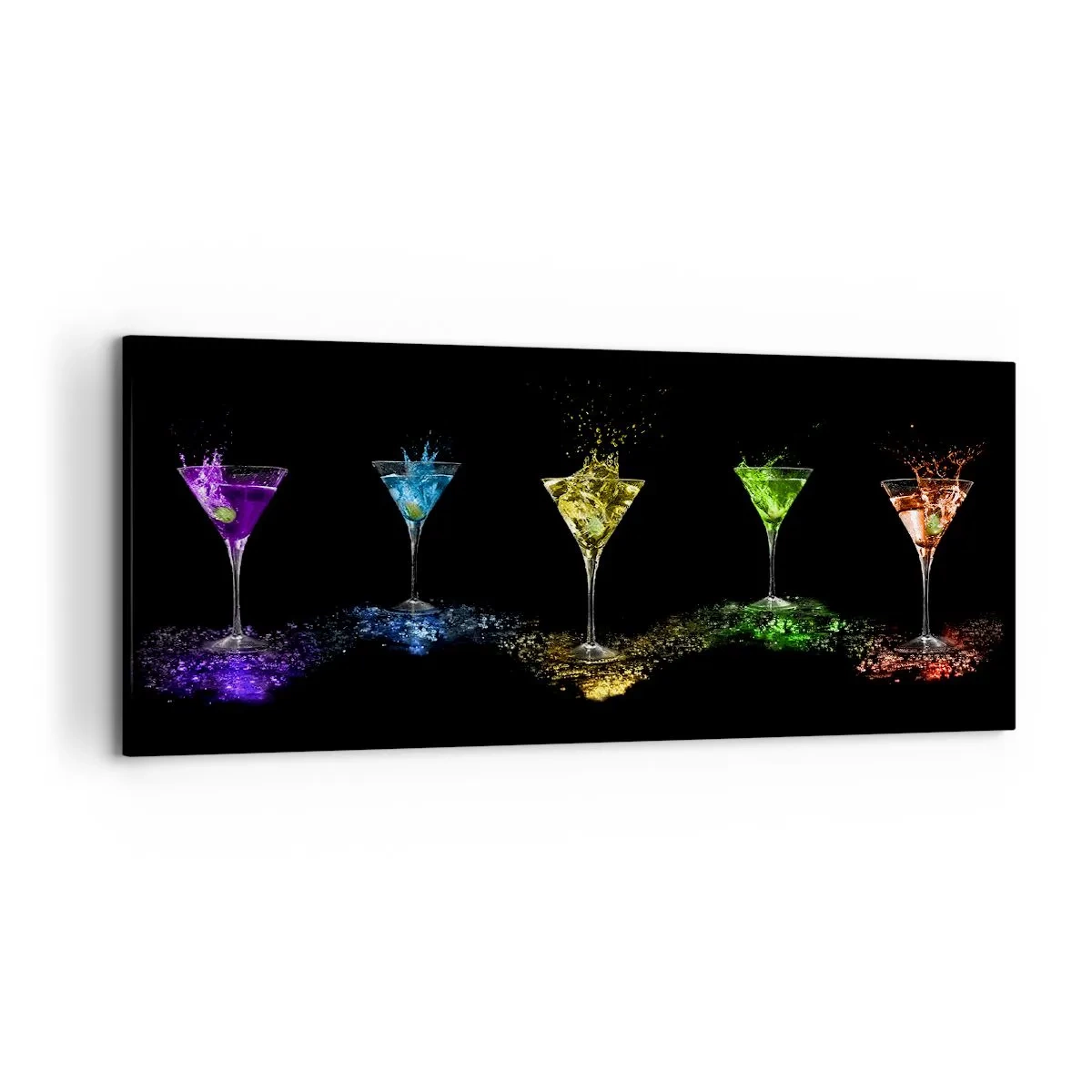 Quadro su tela - Stampe su Tela - Cocktail colorati in bicchieri su sfondo nero - 120x50cm - I colori della gioia nel mondo dei cristalli - Decorazione murale moderna per soggiorno e camera da letto ARTTOR