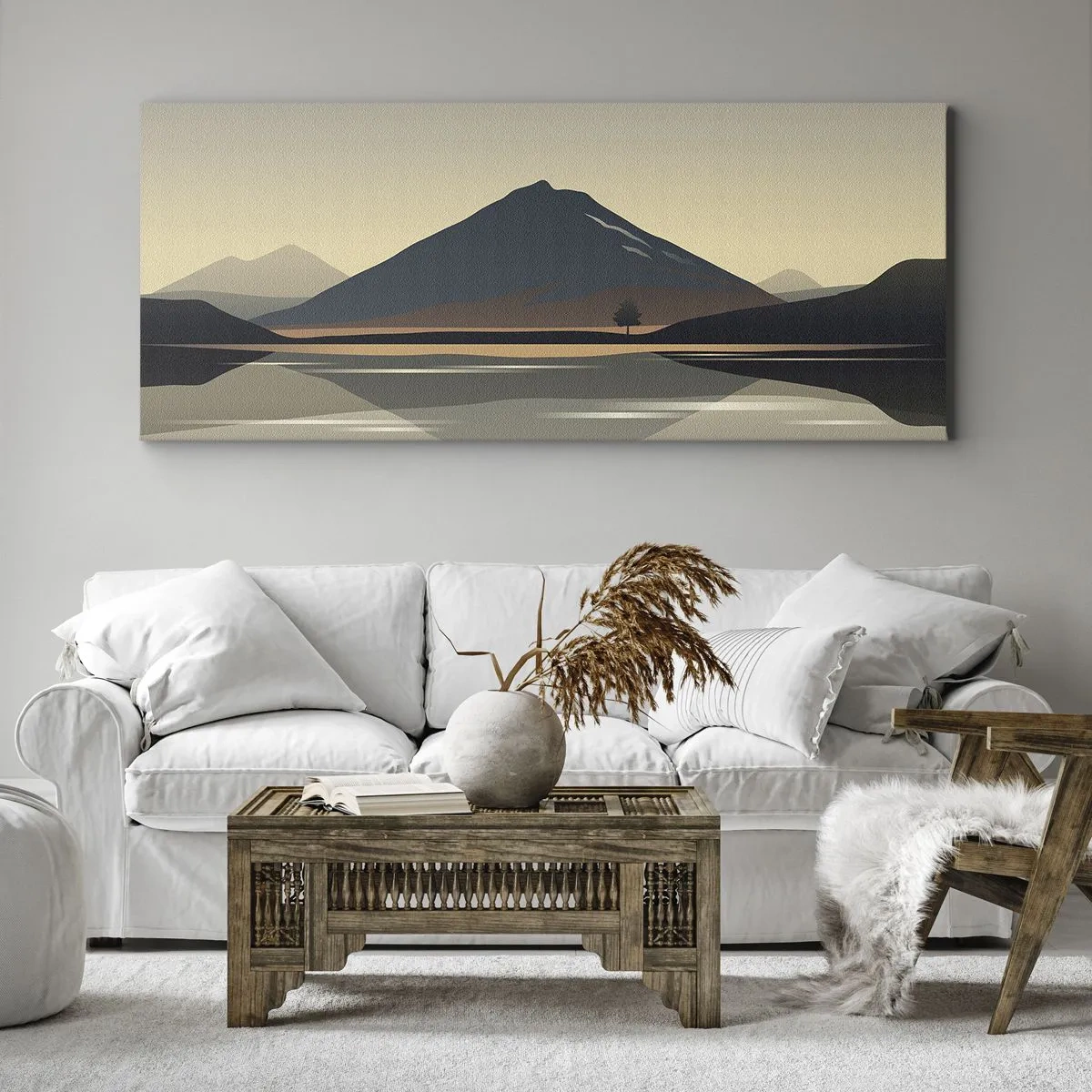 Quadro su tela - Stampe su Tela - Paesaggio montano minimalista con riflesso nell'acqua - 160x50cm - Immagine speculare - Decorazione murale moderna per soggiorno e camera da letto ARTTOR