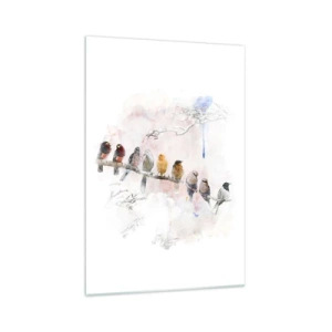 Quadro su vetro - Uccelli colorati su un ramo in stile acquerello - 70x100cm - Incontro alato - Decorazione murale moderna per soggiorno e camera da letto ARTTOR