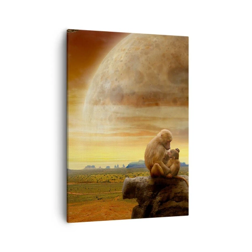 Quadro su tela - Stampe su Tela - Scimmie sedute su una roccia in un paesaggio surreale con un pianeta gigante - 50x70cm - L'amore è ovunque lo stesso - Decorazione murale moderna per soggiorno e camera da letto ARTTOR
