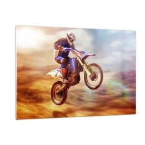Quadro su vetro - Un motociclista che vola su un terreno sabbioso - 120x80cm - Vertigini motociclistiche - Decorazione murale moderna per soggiorno e camera da letto ARTTOR