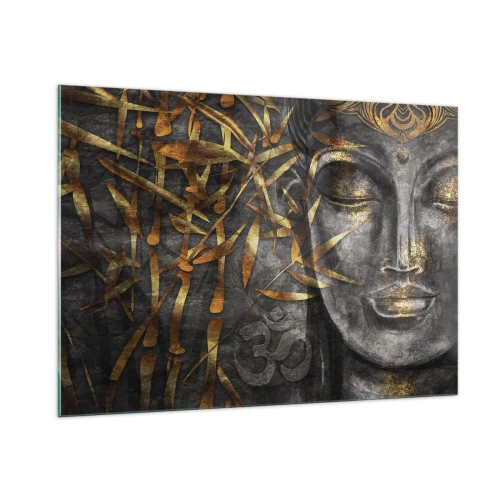 Quadro su vetro - Immagine del Buddha dorato su uno sfondo di bambù - 100x70cm - Senti la pace - Decorazione murale moderna per soggiorno e camera da letto ARTTOR