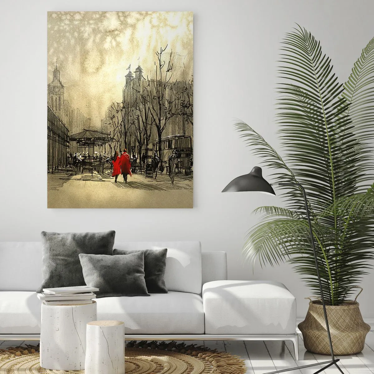 Quadro su vetro - Un appuntamento nella nebbia londinese con un tocco di cappotto rosso - 50x70cm - Appuntamento nella nebbia di Londra  - Decorazione murale moderna per soggiorno e camera da letto ARTTOR