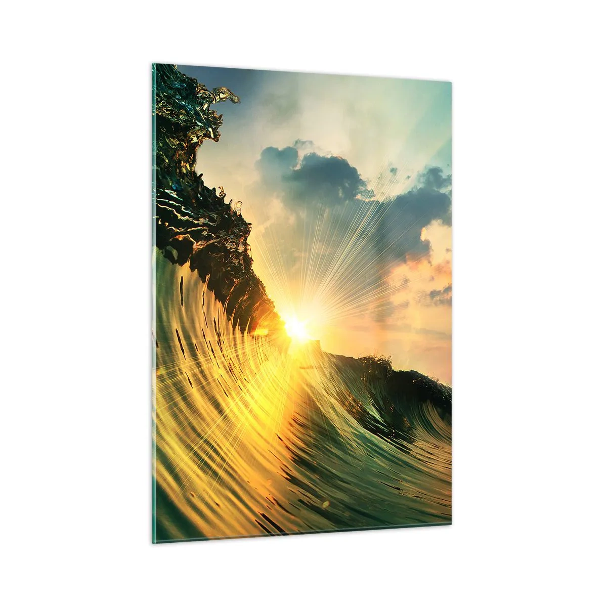 Quadro su vetro - Il sole al tramonto illumina le onde dell'oceano - 50x70cm - Surfista, dove sei? - Decorazione murale moderna per soggiorno e camera da letto ARTTOR