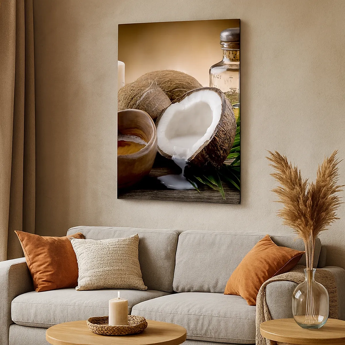 Quadro su tela - Stampe su Tela - Noci di cocco, candela e olio su uno sfondo di legno - 50x70cm - Salute dalle isole tropicali - Decorazione murale moderna per soggiorno e camera da letto ARTTOR