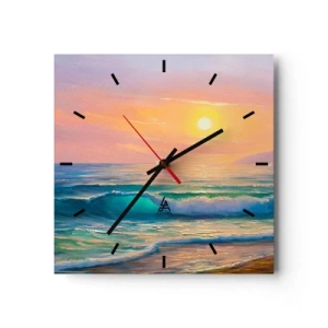 Orologio da parete - Orologio in Vetro - Paesaggio marino con tramonto - 30x30cm - Il canto turchese delle onde - Decorazione murale moderna per soggiorno e camera da letto ARTTOR